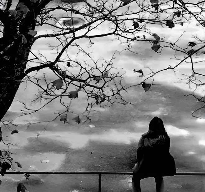 Girl on handrail looking over a dark world