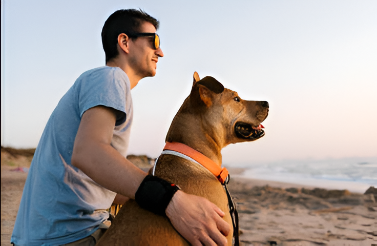 Man and Dog on beach watching sunset